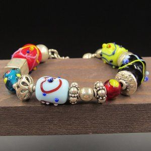 8" Sterling Silver Rustic Weird Glass Shapes Bracelet Vintage